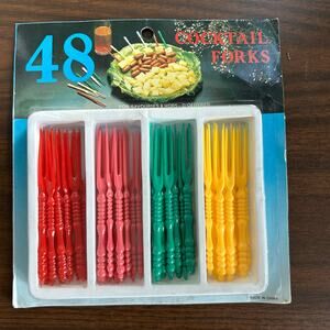 Vintage 48 Piece Plastic Cocktail Forks Set – Red Pink Green Yellow Party Picks